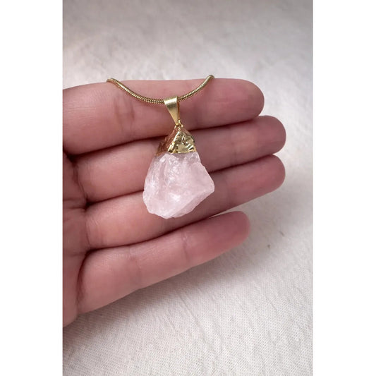 Collar Cuarzo Rosa Piedra Natural Bruto Dorado Con Cadena Cuarzo Rosa
