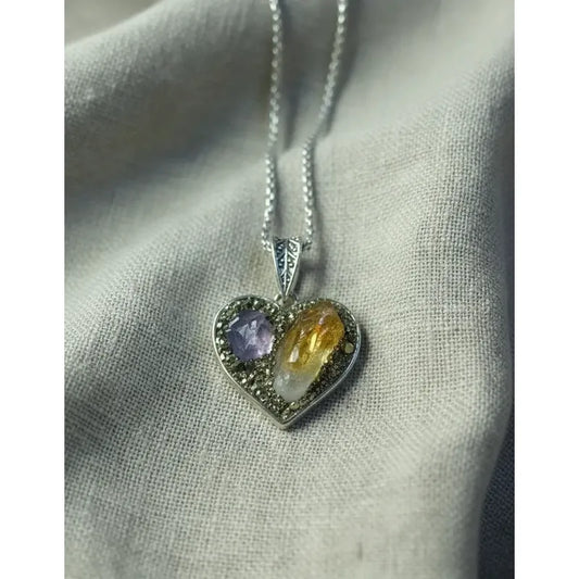 Collar Armonía Y Abundancia Corazón Amatista Pirita + Cadena Amatista Y Citrino Con Pirita