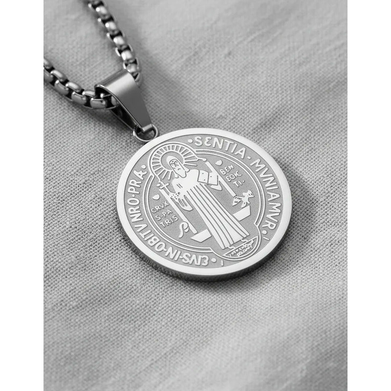 Collar Completo Medalla San Benito Unisex Acero Protección Acero Quirúrgico