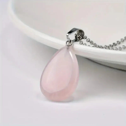 Collar Amor Propio Gota De Cuarzo Rosa + Cadena Acero Gota Cuarzo Rosa