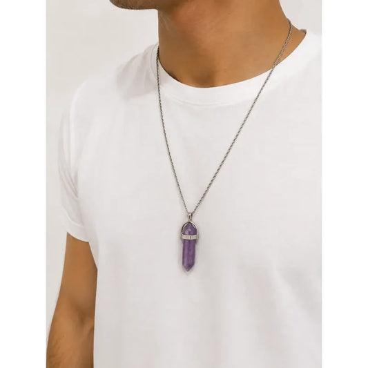Collar Hombre Mujer Péndulo Biterminado Piedra Natural 60 Cm Amatista - Intuición