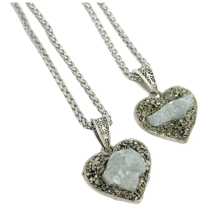 Collar Corazón De Pirita Y Aguamarina Con Cadena De Acero Aguamarina Y Pirita