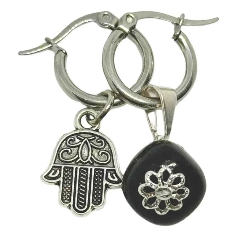 Aros Mujer Obsidiana Piedra Natural Y Mano De Fátima Hamsa