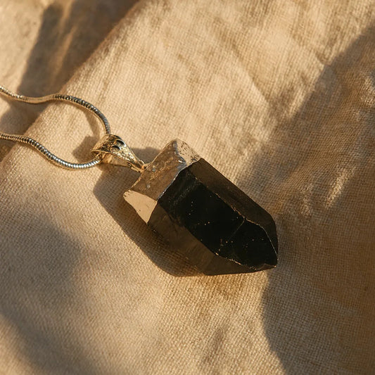 Collar Punta De Cuarzo Ahumado Y Cadena De Acero Punta Cuarzo Ahumado
