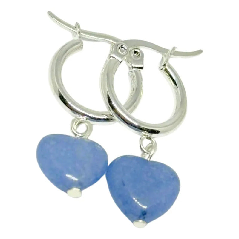Aros Mujer Calma Corazón Cuarzo Azul Piedra Natural Calma - Cuarzo Azul