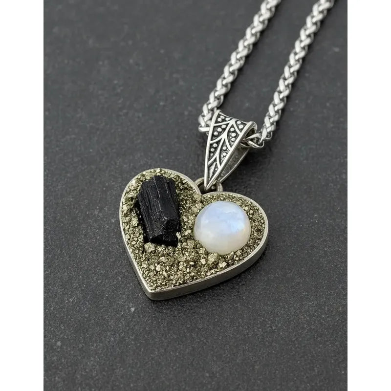 Collar Corazón Piedra Turmalina, Adularia Y Pirita + Cadena Corazón Pirita Turmalina Adularia