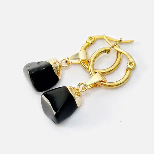 Par De Aros Mujer Con Obsidiana Piedra Natural Acero Dorado Obsidiana Dorado