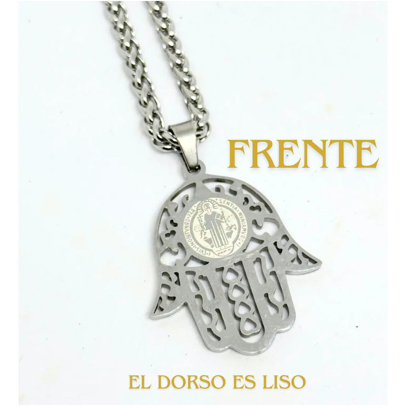 Collar Protector Medalla De San Benito + Cadena De Acero Hamsa