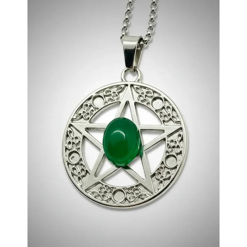 Collar Protección Pentagrama Ágata Verde + Cadena De Acero Pentagrama Agata Verde