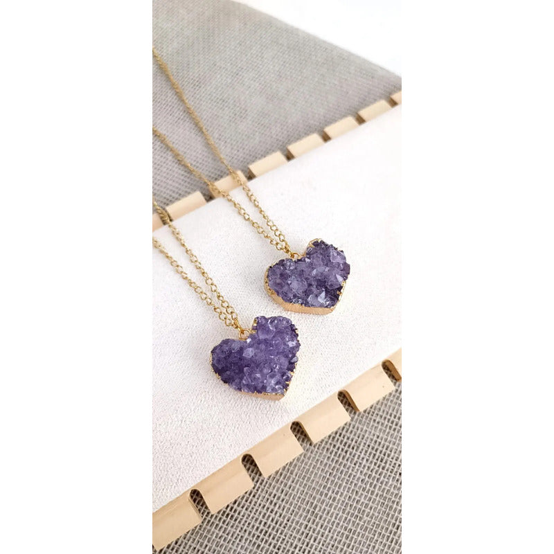 Collar Drusa De Amatista Forma De Corazón Y Cadena Dorada Drusa De Amatista
