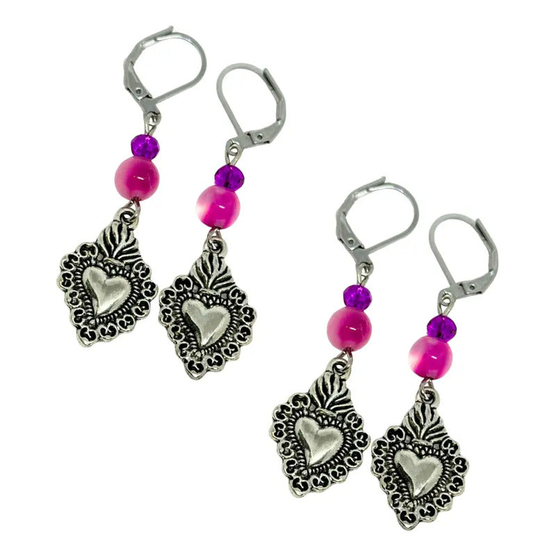 Aros Colgantes Esferas Ágata Fucsia Y Corazón - Positividad Corazón Ágata
