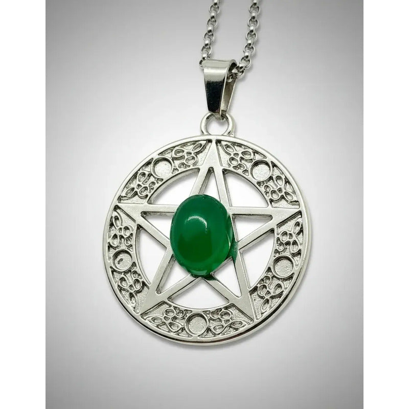 Collar Protección Pentagrama Ágata Verde + Cadena De Acero Pentagrama Agata Verde