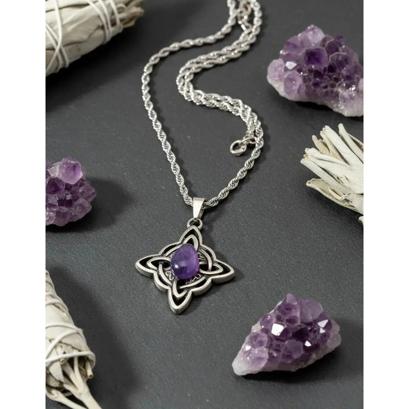 Collar Protección Nudo De Bruja Con Piedra Amatista Amatista
