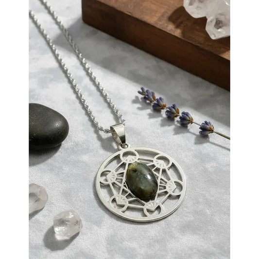 Collar Cubo De Metatron Grande Con Labradorita + Cadena Metatron Labradorita