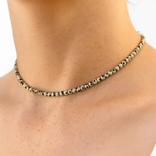 Collar Choker Mini Cuentas Piedras Naturales Delicado 40 Cm Jaspe Dalmata