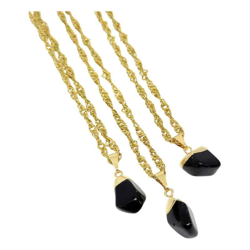 Collar Protector Mini Piedra Obsidiana + Cadena Acero Dorado Obsidiana Acero Dorado