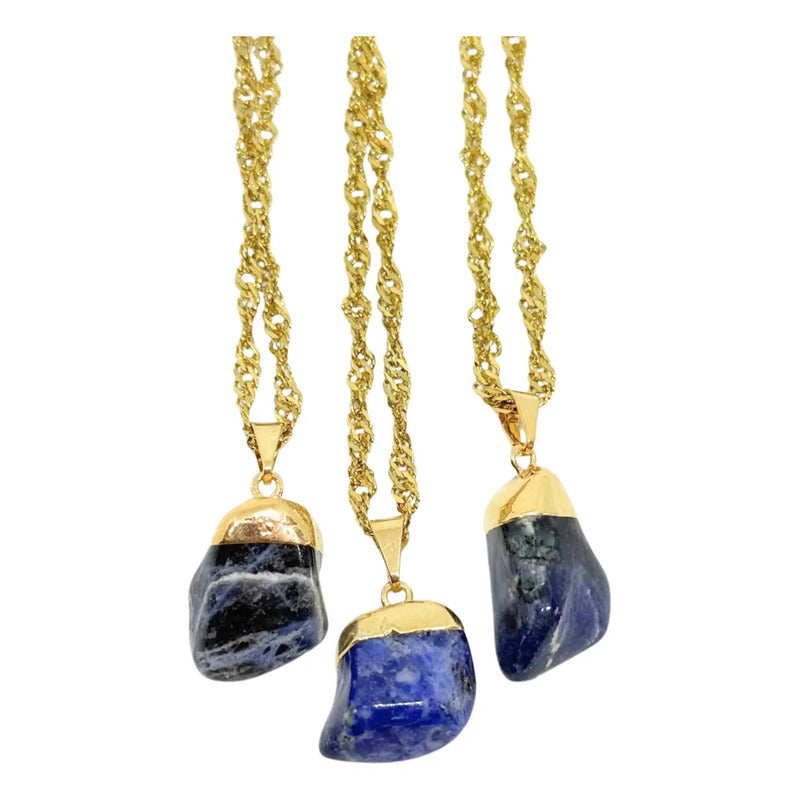 Collar Piedra Sodalita Piedra Natural + Cadena Acero Dorado Sodalita Rolada Dorado