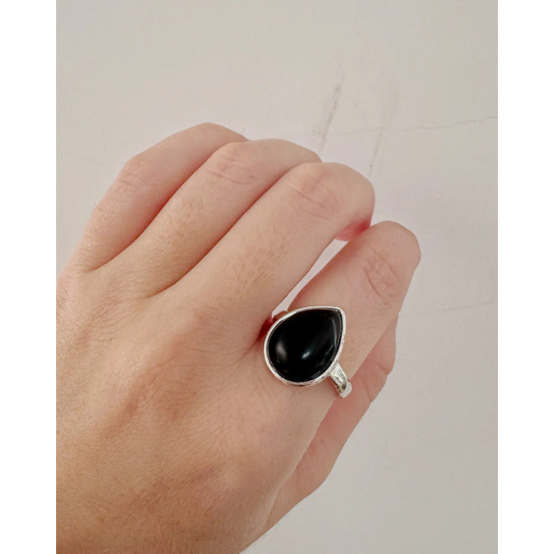 Anillo Mujer Piedras Naturales Baño De Plata Regulable Obsidiana Regulable