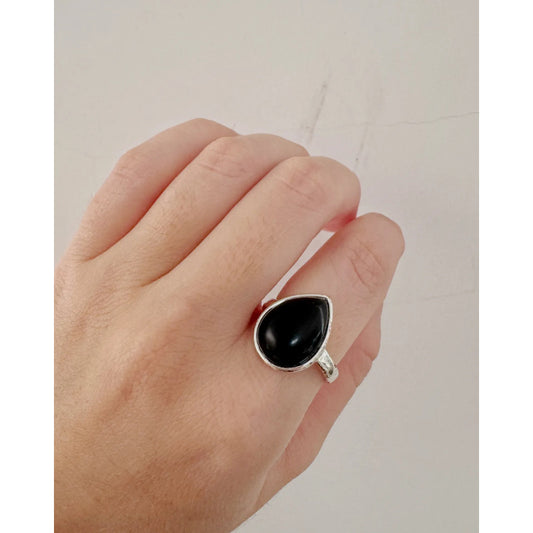Anillo Mujer Piedras Naturales Baño De Plata Regulable Obsidiana Regulable