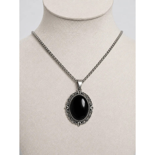 Collar Protector Camafeo De Obsidiana + Cadena Acero Camafeo Obsidiana