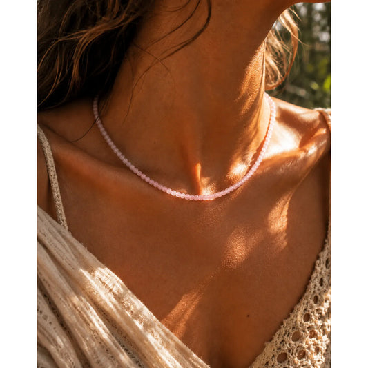 Collar Choker Mini Cuentas Piedras Naturales Delicado 40 Cm Cuarzo Rosa