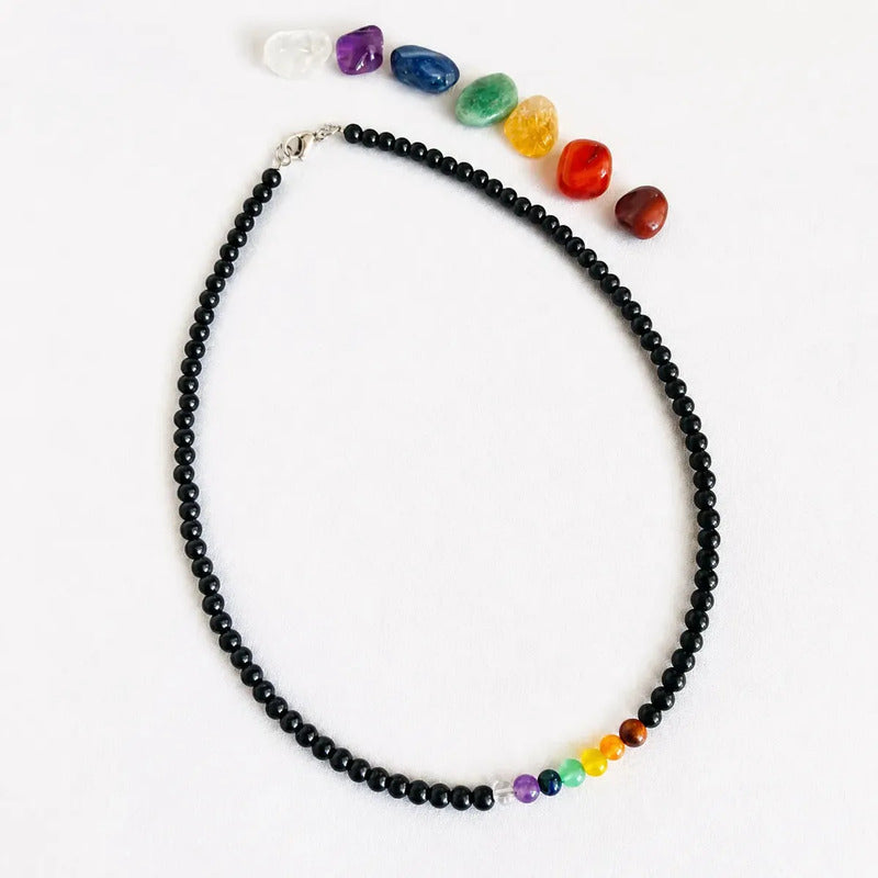 Collar Choker Mini Cuentas Piedras Naturales Delicado 40 Cm Obsidiana Y 7 Chakras Obsidiana 7 Chakras