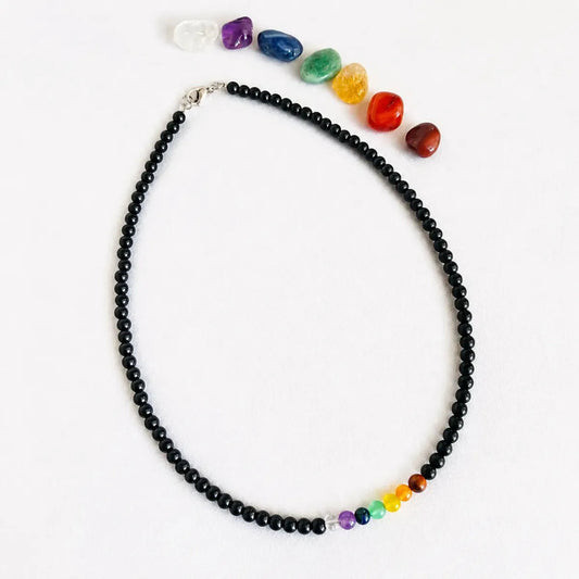 Collar Choker Mini Cuentas Piedras Naturales Delicado 40 Cm Obsidiana Y 7 Chakras Obsidiana 7 Chakras