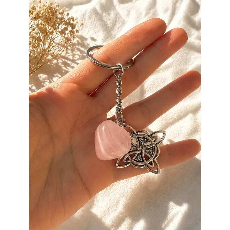 Llavero Protección Nudo De Bruja Piedra Natural Llavero Nudo De Bruja Y Cuarzo Rosa