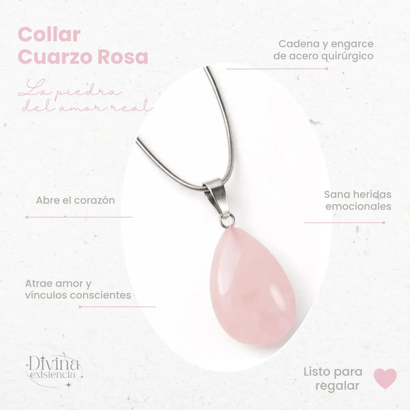 Collar Protección Amuleto 100% Natural De Cuarzo Rosa Gota Cuarzo Rosa