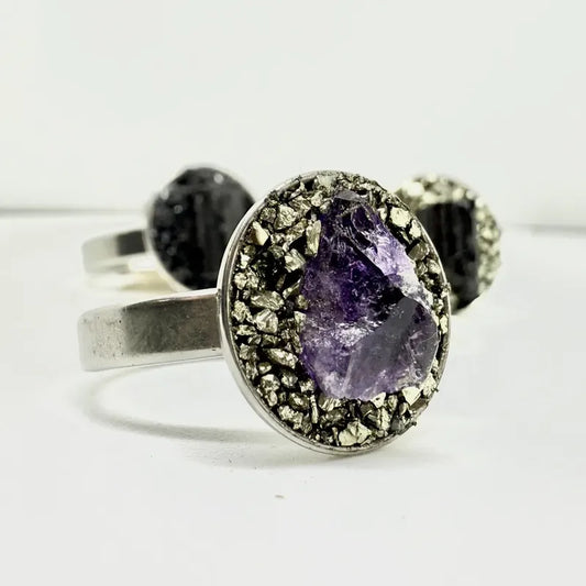 Anillo Piedras Naturales Mujer Turmalina Pirita Crisocola Color Amatista Y Pirita Talle 18 Amatista Pirita