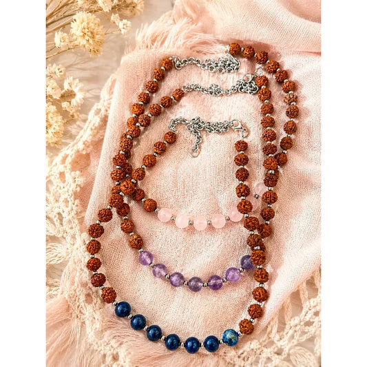 Collar Choker Mini Cuentas Piedras Naturales Delicado 40 Cm Rudraksha Y Adularia 8 Mm.