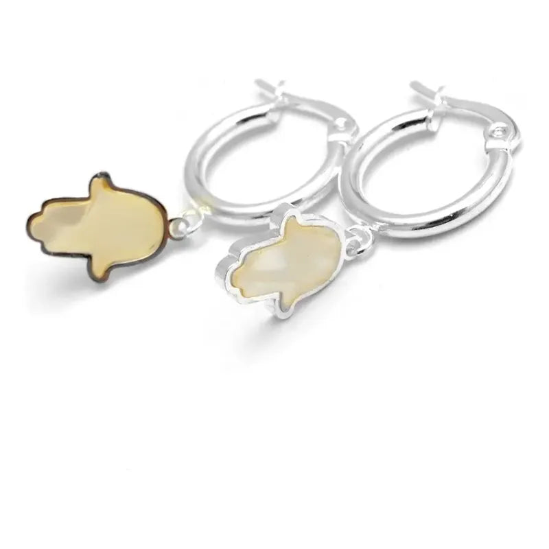 Aros Acero Bañados En Plata Hamsa Mano De Fátima Nacarados Plateado