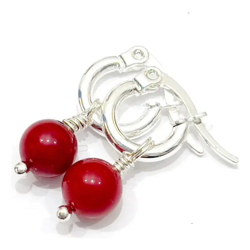 Aros Colgantes Coral Piedra Natural Acero Quirúrgico Coral Bolita