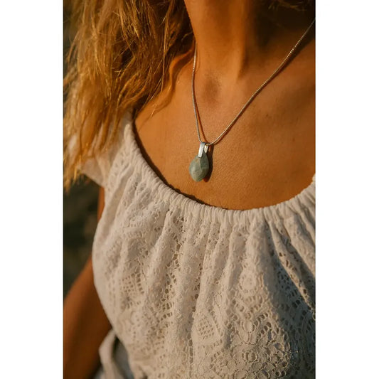 Collar Dije De Piedras Naturales Y Alpaca. Cadena De Acero Aguamarina