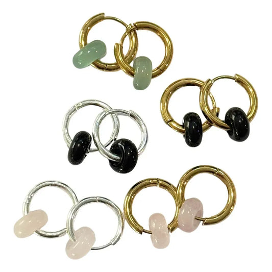 1 Par De Aros Argollas Con Dona Cuarzo Rosa Verde Obsidiana Aro Obsidiana - Oro
