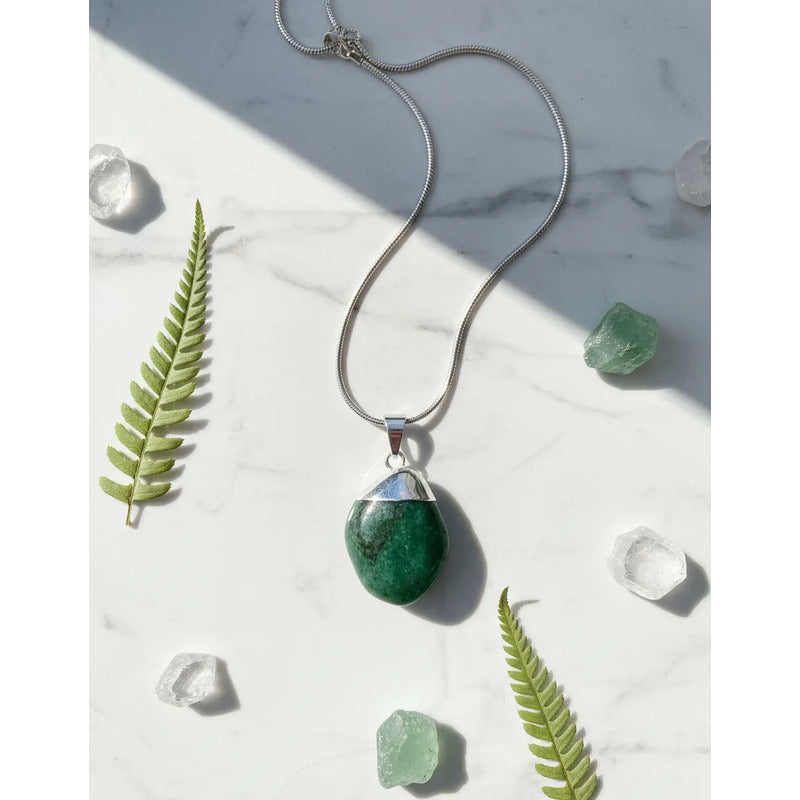 Collar Sanación Paz De Cuarzo Verde + Cadena De Acero Cuarzo Verde
