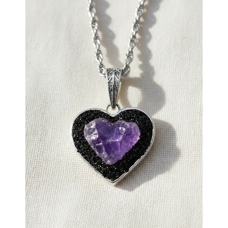 Collar Transmutación Protección Corazón Amatista Y Turmalina Corazón Amatista Turmalina