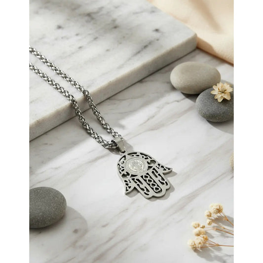 Collar Protector Medalla De San Benito + Cadena De Acero Hamsa