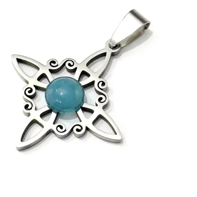 Collar Protección Nudo De Bruja Ágata Celeste Con Cadena Color Nudo De Bruja Y Ágata Celeste
