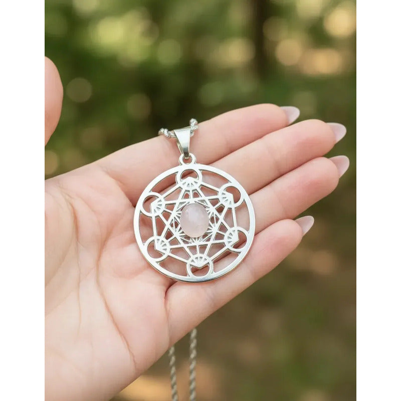 Collar Cubo De Metatron Grande Con Cuarzo Rosa + Cadena Metatron Cuarzo Rosa