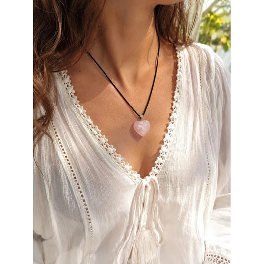 Collar Corazón De Piedra Cuarzo Rosa Grande - Amor Propio Cuarzo Rosa