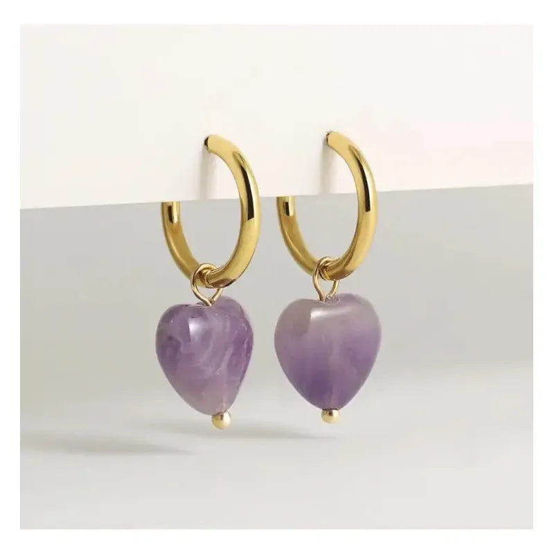 Aritos Mujer Transmutación Corazón Amatista Piedra Natural Trasmutación - Amatista