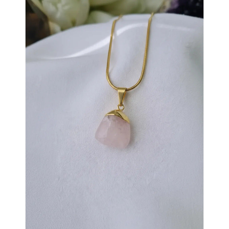 Collar Amor Propio Cristal Cuarzo Rosa + Cadena De Acero Cuarzo Rosa Dorado