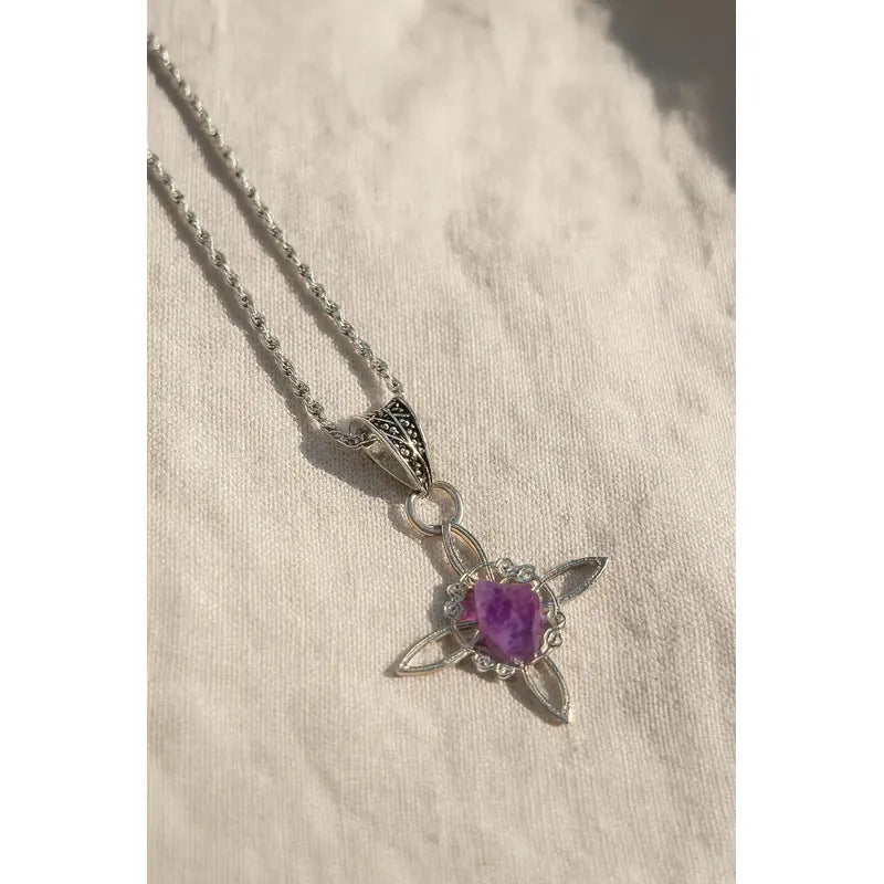 Collar Protección Nudo De Bruja + Amatista Y Cadena De Acero Nudo De Bruja Piedra Bruto