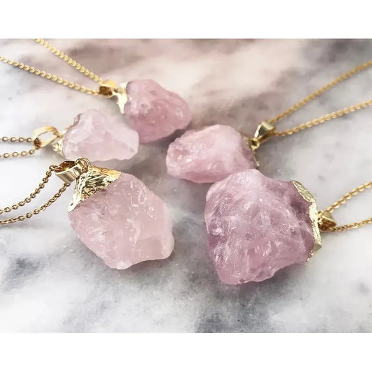 Collar Cuarzo Rosa Piedra Natural Bruto Dorado Con Cadena Cuarzo Rosa
