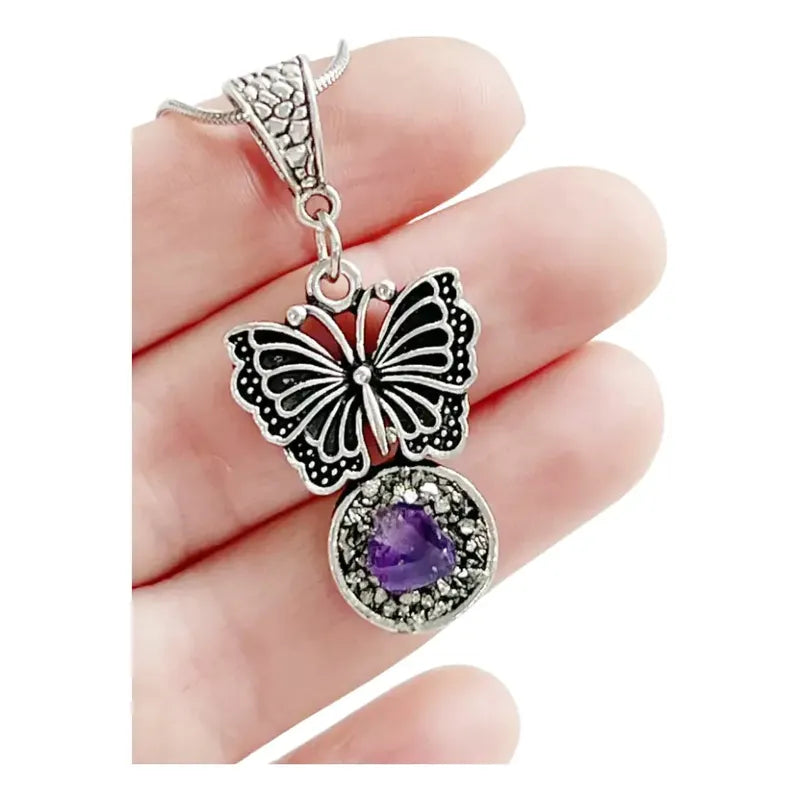 Collar Mariposa Amatista Y Pirita 50 Cm - Transmutación Camafeo Amatista