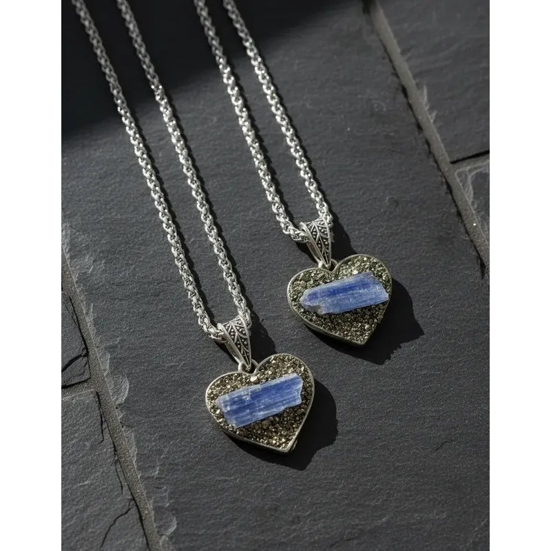 Collar Corazón Piedra Natural Cianita Azul Y Pirita + Cadena Corazón Pirita Cianita