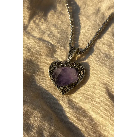Collar Armonía Y Abundancia Corazón Amatista Pirita + Cadena Corazón Pirita Amatista