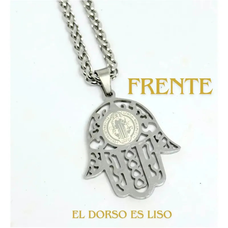 Collar Protector Medalla De San Benito + Cadena De Acero Hamsa