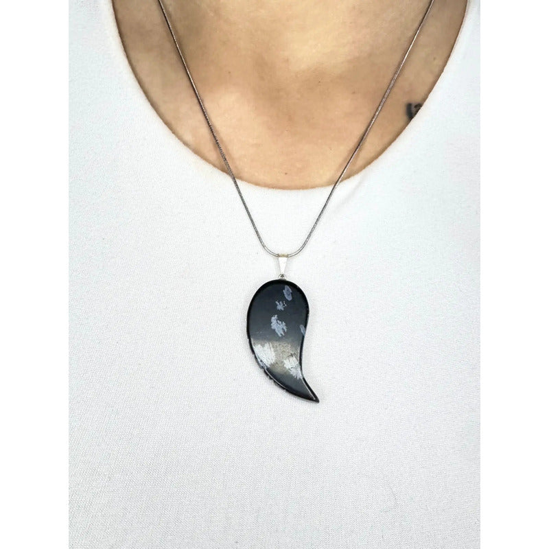 Collar Ala De Obsidiana Auténtica 3,5 Cm. + Cadena De Acero